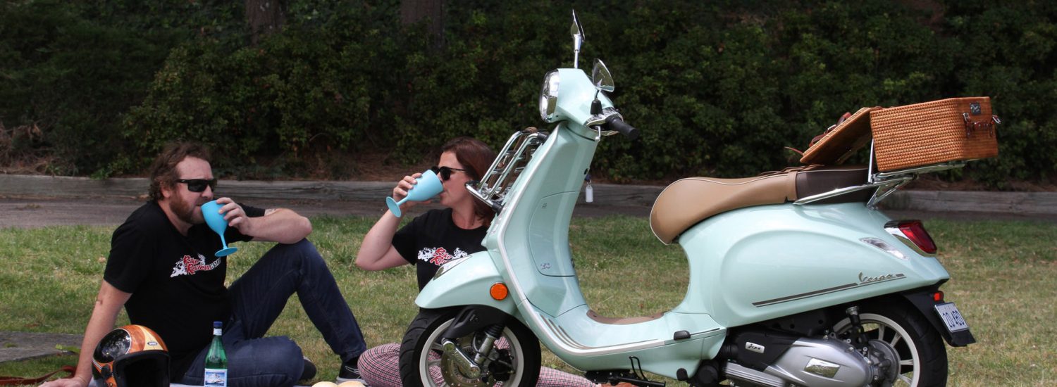 Heather and Jeff Ware, reliving the old days of picnics on their own scooters, with a day in the sun on the Vespa Premavera Pic Nic...